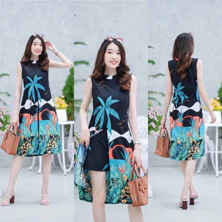 (มี2 ไซส์)เสื้อคอปีนแขนกุดลายต้นมะพร้าว แหวกด้านหน้า + กางเกงขาสั้น