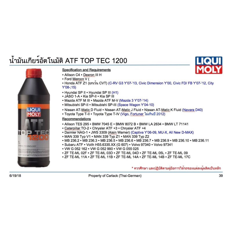 TKD น้ำมันเกียร์ ออโต้ LIQUI MOLY Type T-VI Top Tec ATF 1200 5ลิตร - รูปที่ 4