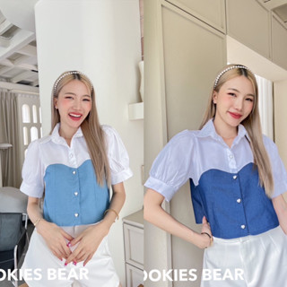 💐Cookies Bear🐻เสื้อเชิ้ตคอปกแต่งยีนส์💓ทรงน่ารักแขนพอง😍