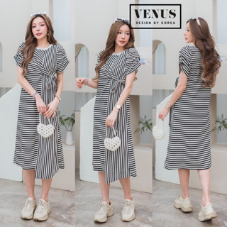 🌈🌿🌸🌼🌺🧡🤎🇰🇷 Cotton Stripe Doll Sleeve Bow Maxi Dress