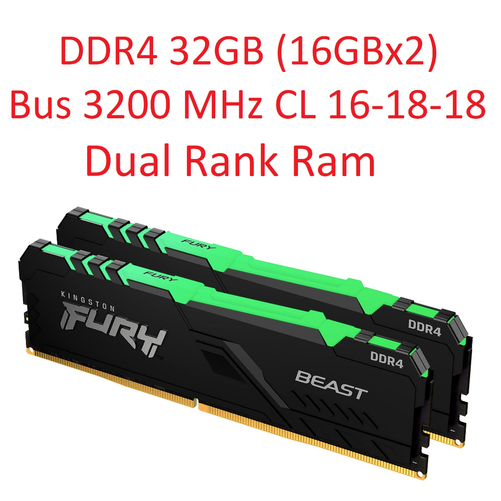 RAM PC 32GB (2x16GB) DDR4 3200MHz CL16 Kingston FURY Beast Black RGB XMP Dual Rank แรมพีซี สินค้ามือสอง ประกัน Lifetime