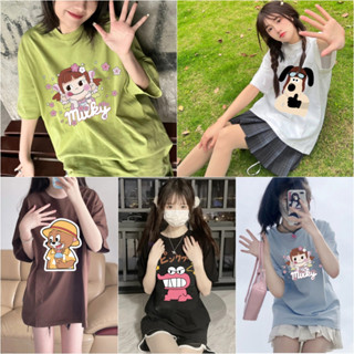 HJTB037 มี10 สี เสื้อยืดปั๊มลายอนิเมะน่ารักๆหญิง แฟชั่นเสื้อยืดลายการ์ตูนคอกลมแขนสั้น ทรงหลวม แมทง่าย free size