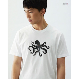 bank’s Black Squid in White Color T-Shirt Cotton USA เสื้อยืดลายปลาหมึก เสื้อยืดคุณภาพดี