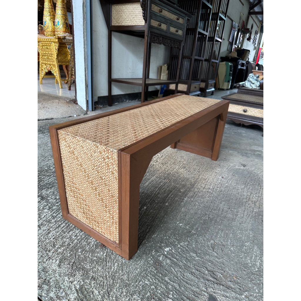 เก้าอี้ ม้านั่งยาว ไม้เนื้อแข็ง ยาว100x35 xสูง 40 cm  วินเทจ แต่งหวาย โต๊ะกลาง สีน้ำตาลอ่อน สีโอ๊ค