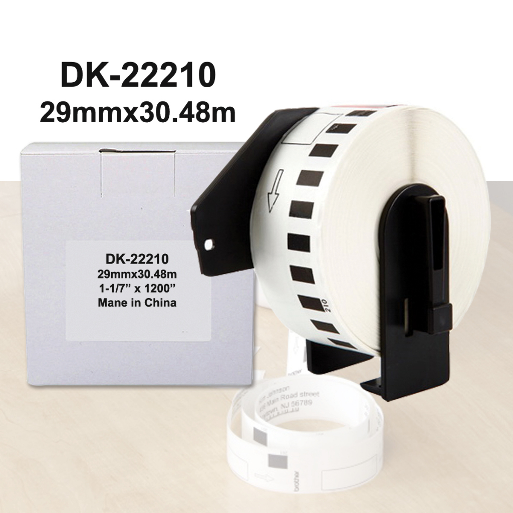 เทปพิมพ์อักษร ฉลาก แบบต่อเนื่อง สำหรับ  DK-22210 DK22210  สีขาว 29 มม. x 30.48 ม. 1 ม้วน  เทียบเท่า