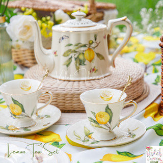 Violet Flamingo Lemon Tea Set ชุดน้ำชาลายเลมอน ชุดกาน้ำชาและแก้วพร้อมจานรอง 2 ชุด