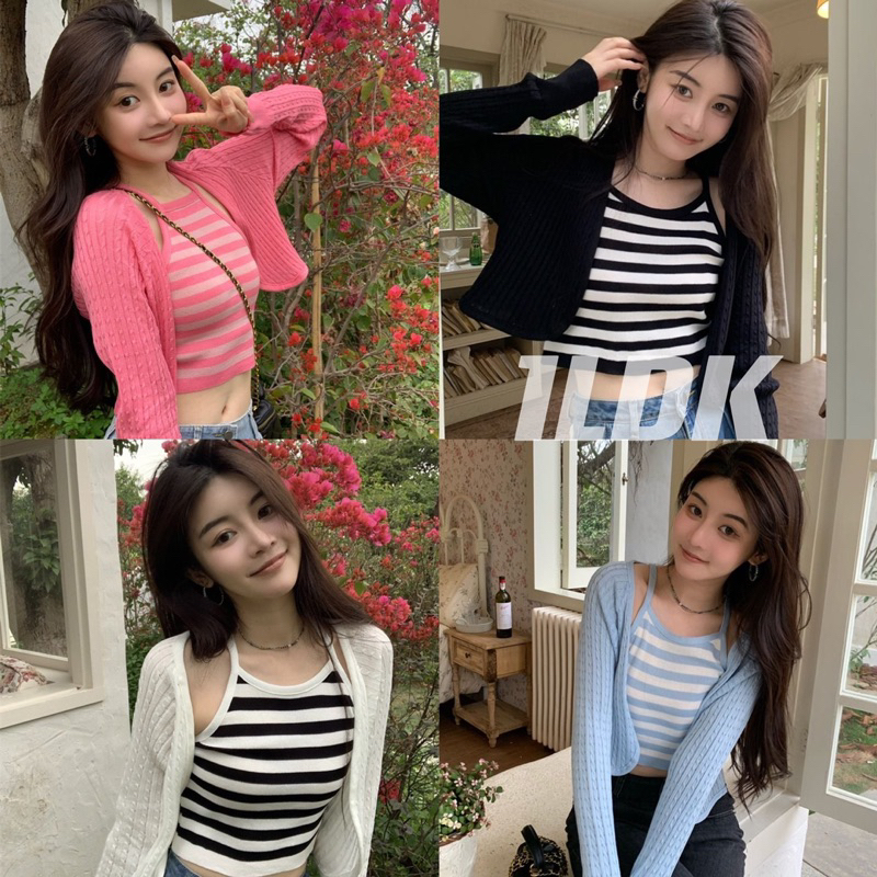 1LDK พร้อมส่ง ชุดเซ็ท สายเดี่ยว+เสื้อคลุมแขนยาว ชุดครอบ ผ้ายืด(5927)
