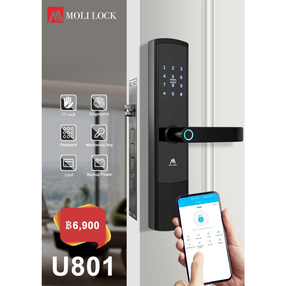 Digital Door Lock รุ่นใหม่ 2026 รุ่นกันน้ำ ส่วนด้านนอก รุ่น U801 <Bluetooth Built-in> Application ใช้งานง่าย