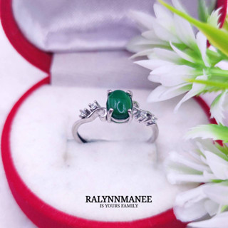 RP010 แหวนพลอยโมราแท้ ( Chrysoprase ) ตัวเรือนเงินแท้ 925 ชุบทองคำขาว เป็นงานแก้ไซส์ฟรี