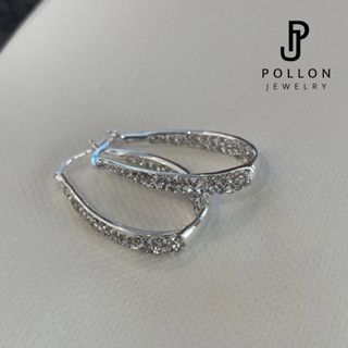 POLLON ต่างหูสำหรับผิวแพ้ง่าย ต่างหูห่วงฝังเพชรรอบวง สีเงิน เงินแท้ 94.8% Swarovski แท้