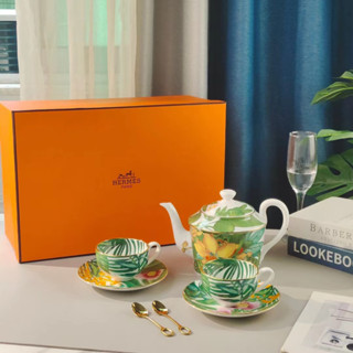 Hermès Tropical Rainforest Premium Bone Porcelain in a Pot, Two Cups, Two Dishes, Two Original Spoons Gift Box