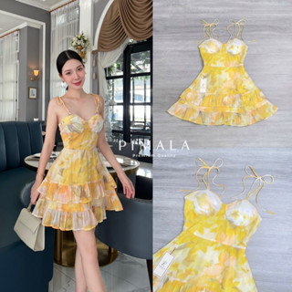 minidress yellow dress เดรสสั้นสายเดี่ยวผูกไหล่ เดรสสั้นละมุนสุดพริ้ว