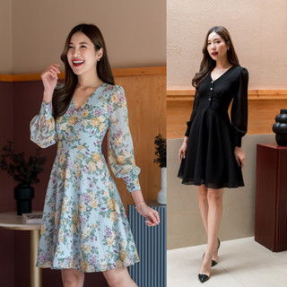 PD200 Chiffon Dress เดรสผ้าชีฟอง คอวี แขนยาว กระโปรงบาน