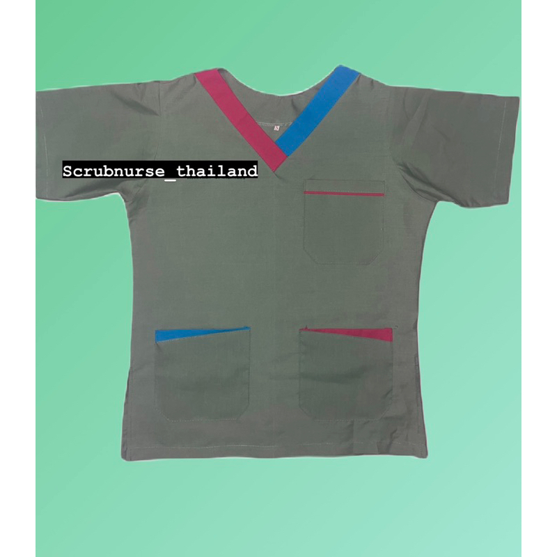 เสื้ออย่างเดียวนะคะ ไม่มีกางเกงนะคะ เสื้อสครับสีเขียวชาเขียว คอสองสี ( คอสีบานเย็น - คอสีฟ้าทะเล ) ผ้าคอตตอน
