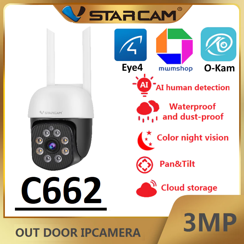 Vstarcam C662 กล้องวงจรปิดไร้สาย Outdoor ความละเอียด 3MP(1296P) กล้องนอกบ้าน ภาพสี มีAI+ คนตรวจจับสัญญาณเตือน
