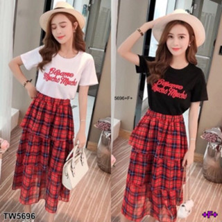 CS5696 Set เสื้อสกรีนลาย+กระโปรงชั้นลายสก็อต Set: striped shirt + plaid layered skirt