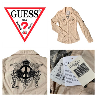 Guess ของแท้ เสื้อเชิ้ต แขนยาว ผู้หญิง เข้ารูป สีกากีอ่อน สกรีนหลัง