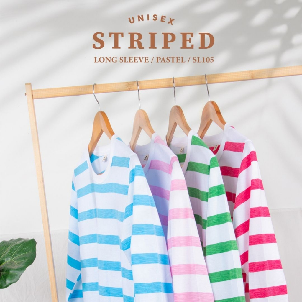 (B9)เสื้อยืดลายทาง แขนยาว สีน่ารัก ผ้าคอตต่อนเนื้อนุ่ม ทรง Unisex