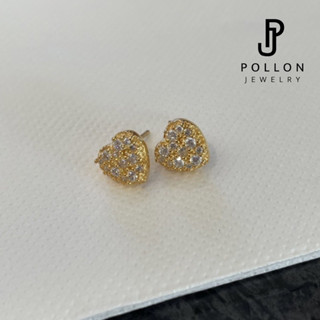 POLLON ต่างหูสำหรับผิวแพ้ง่าย ต่างหูรูปหัวใจเล็ก สีทอง สแตนเลส 94.8% ฝังเพชร  Swarovski  แท้