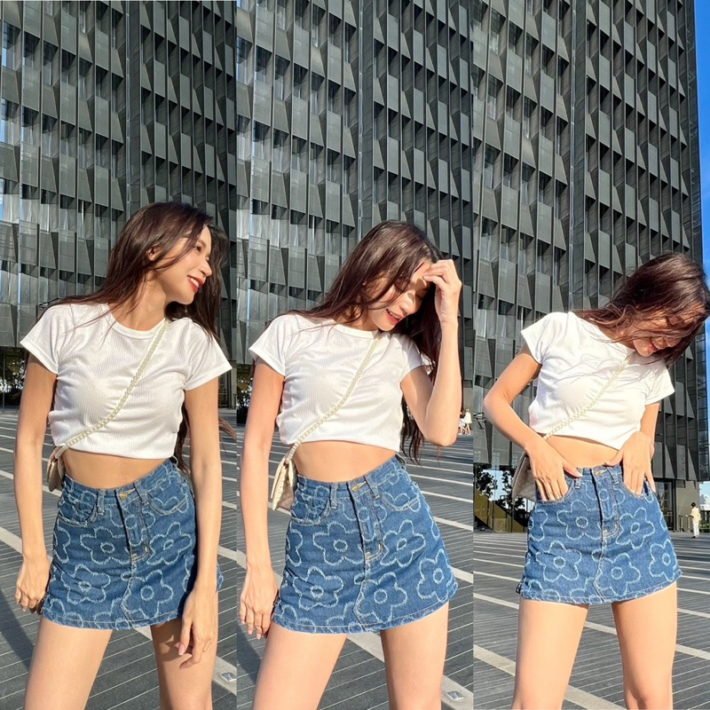 NEW Jeans มาใหม่สุด กางเกงยีนส์ กางเกงกระโปรงยีนส์ ลายดอกไม้ มีกางเกงในตัว