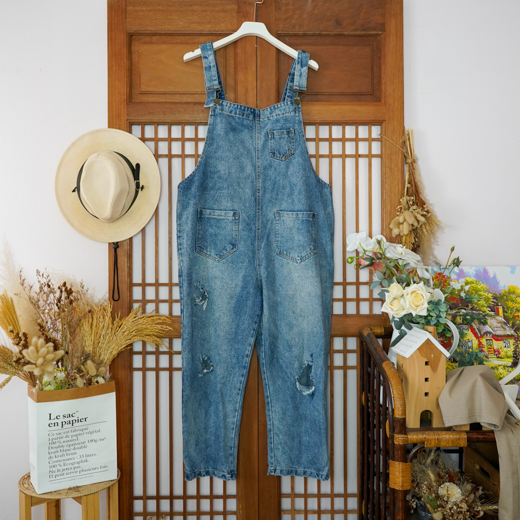 JULY22 - Qing Yi Fashion เอี๊ยมยีนส์วินเทจ ลายฟอก แต่งขาดหน้าหลัง