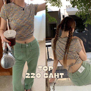 พร้อมส่ง เสื้อยืดคอกลมแขนสั้นทอลายสลาฟสีคัลเลอร์ฟูล ทรงมินิไซซ์ ดีเทลด้านหลังทรงครอป มีเชือกรูดผูกโบว์ด้านหลัง