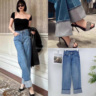 NEW!! AXW crystal jeans💎(SMLXL 590฿ฟรีส่ง) กางเกงยีนส์แบรนด์ฮิต ทรงกระบอก ดีเทลปลายขาแต่งเพชร พับขาเบิ้ล