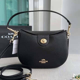 🥰👜กระเป๋าสะพายหนังแท้ สีดำ มีฝาปิดNEW Coach CH196 Ella Hobo