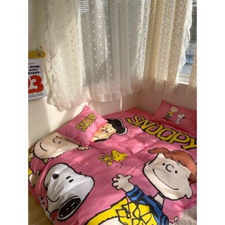 ผ้าปูที่นอน ผ้าฝ้าย 100 % (ลาย : snoopy สีชมพูวินเทจ)