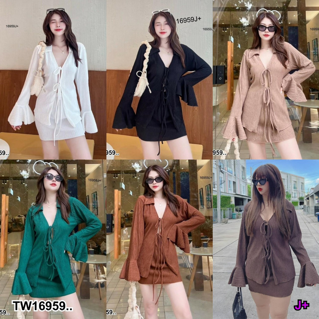 TwinsShopVip พร้อมส่ง TW16959 เซ็ท 2 ชิ้น เสื้อเชิ้ต แขนระบาย + กระโปรง ..
