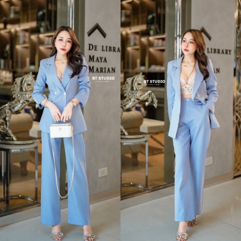 เซตสูท 2 ชิ้น เสื้อสูท+กางเกงขา​ยาว สีฟ้า SUITABLE