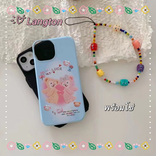 🌈Langton🌸สไตล์สร้อยข้อมือ ป้องกันการหล่น ขอบเต็ม iphone 11 14 pro max การ์ตูน หมีน้อย สีฟ้า หวานสวยcase for iPhone 12 13