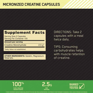 Optimum Nutrition Creatine 2500 - 100 Capsules ช่วยเพิ่มแรงในการออกกำลังกาย และความแข็งแรงของกล้ามเนื้อ