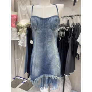 BLUMARINE DENIM RUFFLE MINI DRESS แบรนด์ดัง เดรสมินิ เดรสยีนส์ ผ้ายีนส์ แต่งระบาย