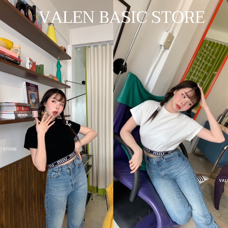 Miu Crop top เสื้อยืดครอปแบรนด์ ดีเทลยางทอแบรนด์ จั๊มที่เอว น่ารักมาก VALEN BASIC STORE
