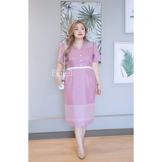 Yanin-สีชมพู Plus size Fashionสาวอวบสาวอ้วน เดรสผ้าฝ้ายทอลายไทยไปงาน ไปทำงาน ได้หลากหลายโอกาส ลุคเรียบหรู