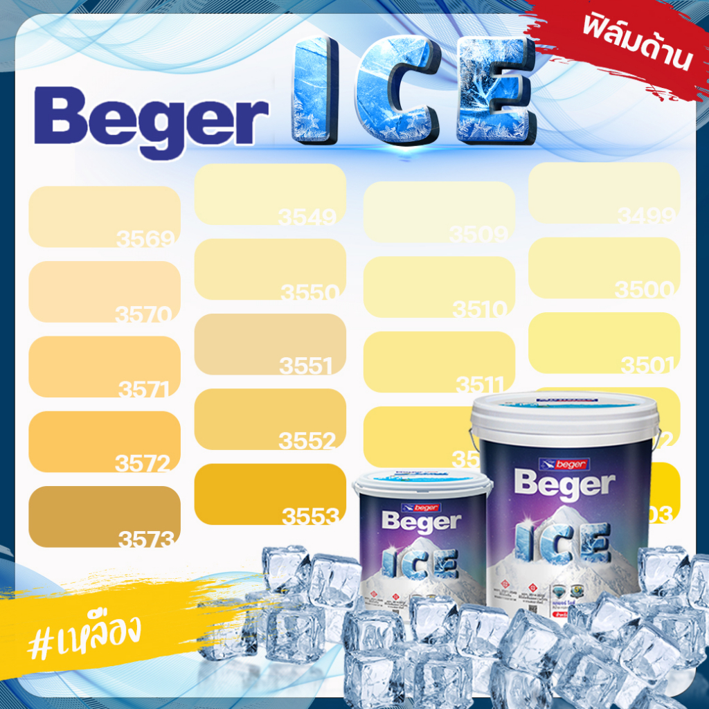 Beger สีเหลือง ด้าน ขนาด 18 ลิตร Beger ICE สีทาภายนอก และ สีทาภายใน  กันร้อนเยี่ยม เบเยอร์ ไอซ์ สีบ้