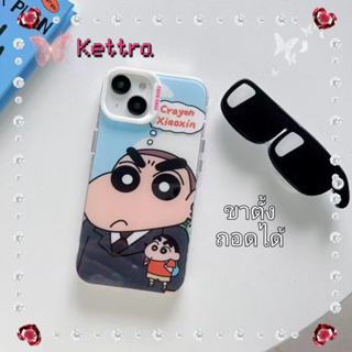 💜Kettra💜ขาตั้ง ถอดได้ iPhone 11 14 pro max ป้องกันการหล่น ขอบเต็ม การ์ตูน เครยอนชินจัง สีฟ้า case for iPhone 12 13