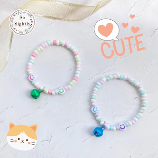 No.1 สร้อยคอสัตว์เลี้ยงสีหวาน แต่งลูกปัดหน้ายิ้ม แถมกระดิ่ง น่ารักมากสำหรับลูกแมว/กระรอก/ชูก้า/กระต่าย ปลอกคอแมว