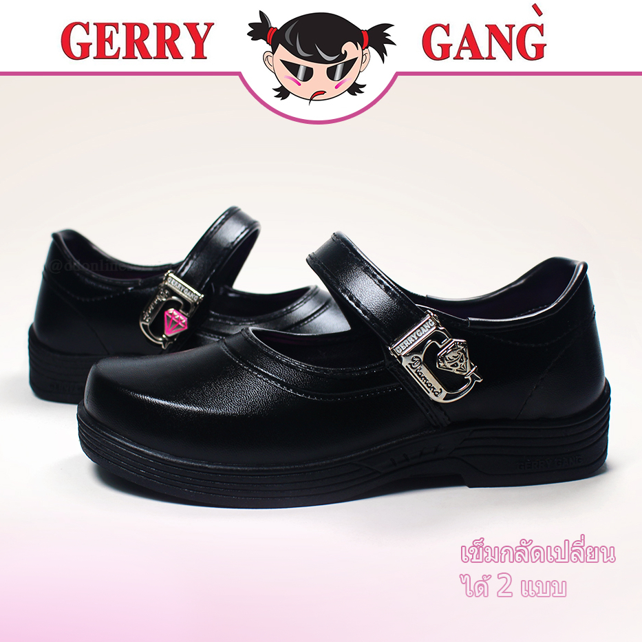 GERRY GANG รองเท้านักเรียนผู้หญิง รองเท้านักเรียนหนังสีดำ ส้นหนา แบบเข็มกลัด รุ่น G-6307