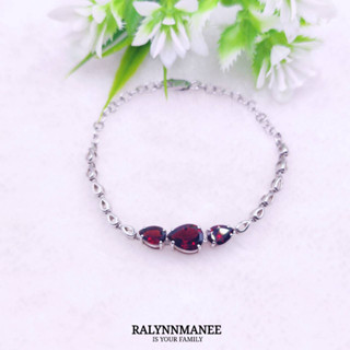 BL001 สร้อยข้อมือพลอยโกเมนแท้ ( Garnet ) ตัวเรือนเงินแท้ 925 ชุบทองคำขาว ฟรีไซส์ 14.0 -17.0 cm