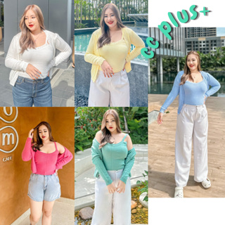 CiCi Plus+ (M002) Plus-Size ชุด Set เสื้อคลุม+สายเดี่ยวไหมพรม ผ้านุ่มใส่สบายยืดได้เยอะ สไตล์สาวโคเรีย