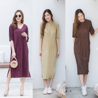 🐥[[ขายถูกมาก]]🐥My top maxidress เดรสผ้าพลีทคอวี/คอกลม เกาหลีริ้วสลับ ผ่าข้าง H-55  / H 82 CARDIGAN_NISTA