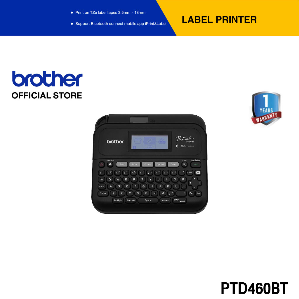 Brother Label Printer P-touch PT-D460BT เครื่องพิมพ์ฉลากภาษาอังกฤษ/ไทย แบบพกพา (เชื่อมต่อผ่าน PC และ Smartphone,Tablet)