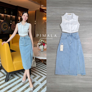 ราคาถูกที่สุด!! Pimala Brand เซ็ทเสื้อเชิ้ตคอปกแขนกุดสีขาวกับกระโปรงยีนส์ผ่า