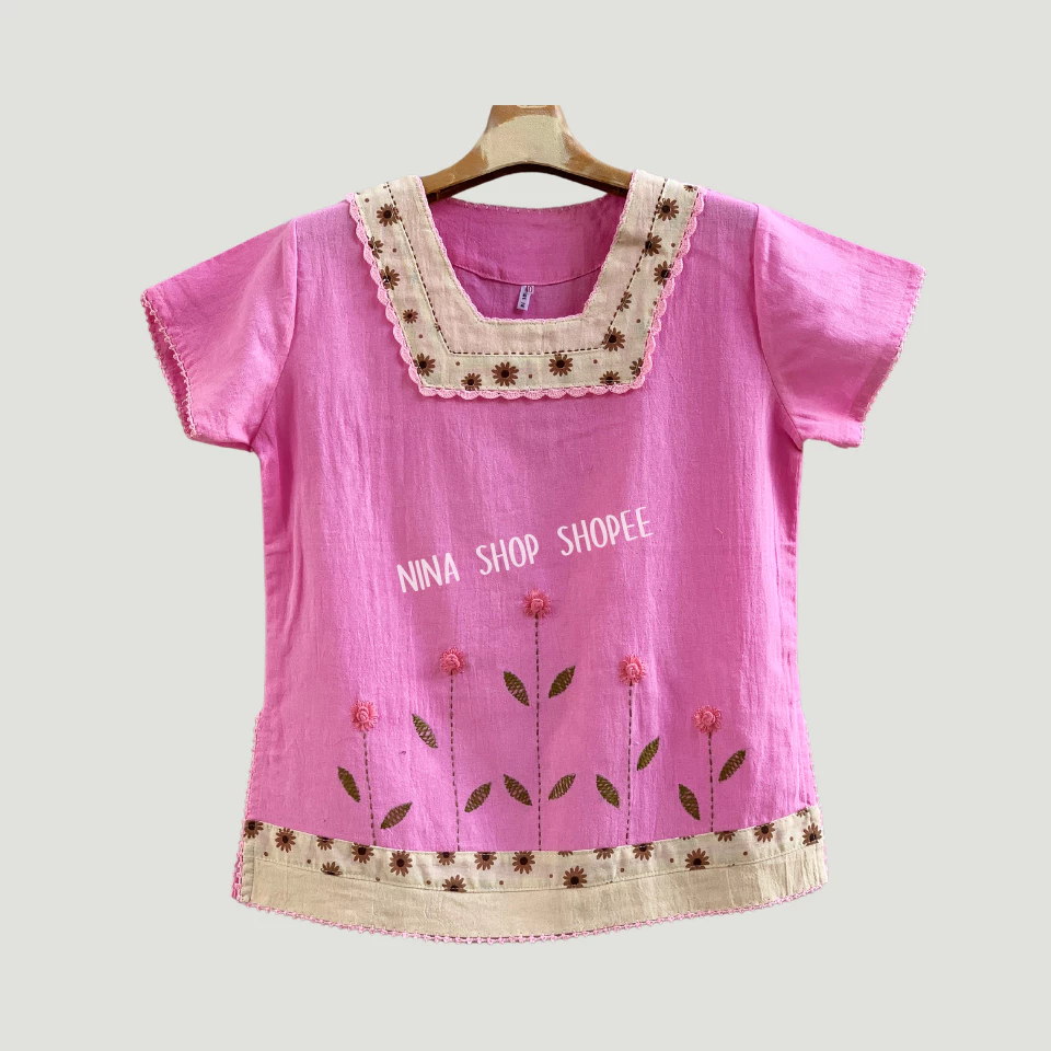 เสื้อผ้าฝ้าย งานถักงานปักแฮนด์เมด สาลูชั้นเดียวเนื้อนุ่มมือ แขนสั้น ทรงเอ สวมใส่สบาย ใส่เที่ยว ใส่อยู่บ้าน เข้าครัวสบายๆ