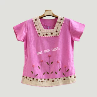 เสื้อผ้าฝ้าย งานถักงานปักแฮนด์เมด สาลูชั้นเดียวเนื้อนุ่มมือ แขนสั้น ทรงเอ สวมใส่สบาย ใส่เที่ยว ใส่อยู่บ้าน เข้าครัวสบายๆ