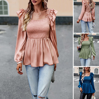 ผู้หญิงสีทึบรมควันด้านบนใบบัวข้างแขนยาวแขนสี่เหลี่ยมคอเสื้อ Peplum