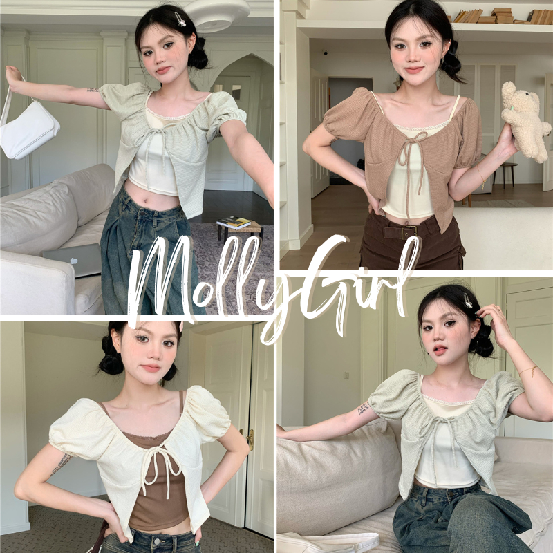 Mollygirl เสื้อเซ็ต 2 ชิ้น เสื้อครอป ผูกตรงกลางมีเชือกผูกโบว์