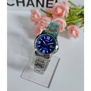 นาฬิกา Casio รุ่น LTP-V004D-2B นาฬิกาสำหรับผู้หญิง สายแสตนเลสหน้าปัดสีน้ำเงิน หน้าปัดแสดงวันที่ -ของแท้ 100% รับประกันศูนย์ CMG 1 ปี